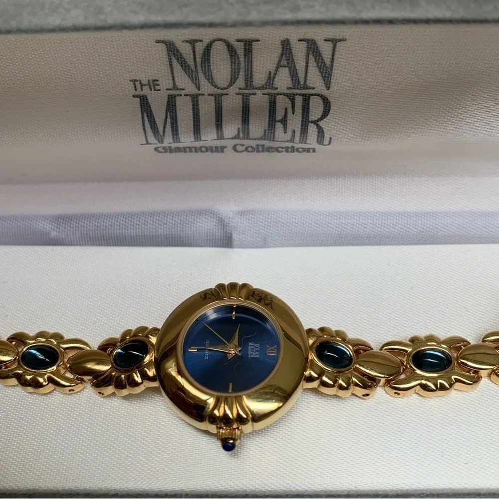 🆕 Vintage Nolan Miller Gold Tone Cabochon Ladies Watch Blue Gold Glamour
